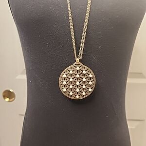 Vintage Cookie Lee Multi Strand Goldtone Filigree Faux Pearl Disc Necklace